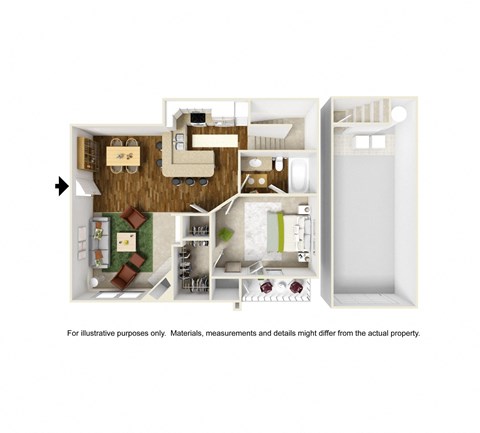 Floor plan for 1 bed, 1 bath, 737 sqft